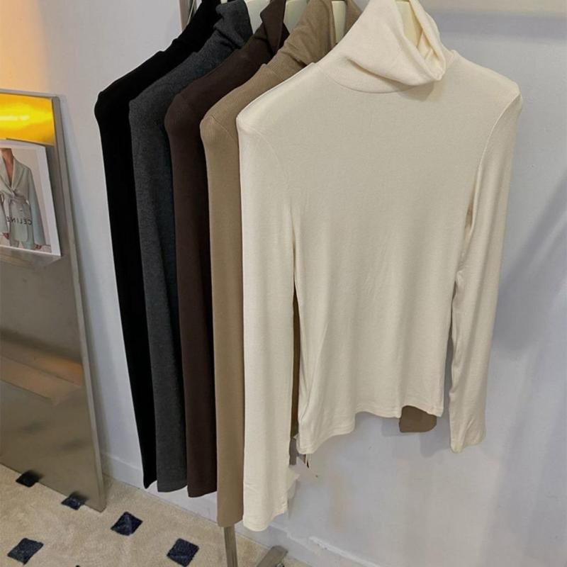 乐天商城 - Tシャツ レディース 秋冬 深灰色 螺纹 長袖 トップス 堆堆領 無地 スリム インナー 伸縮性 プルオーバー 普段使い