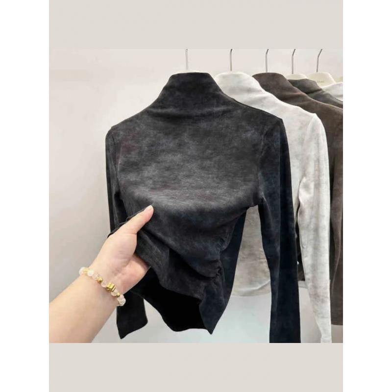 乐天商城 - Tシャツ レディース 秋冬 長袖 おしゃれ 染め 立襟 ドイツ製ベルベット 肩パッド入り インナー 修身 プルオーバー トップス 白 黒 コーヒー色