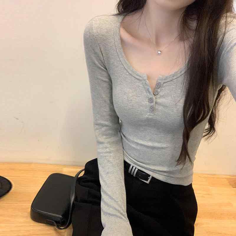 乐天商城 - Tシャツ レディース 秋冬 リブニット トップス 長袖 Vネック スリム 無地 通勤 オフィス カジュアル かわいい 白 黒 グレー