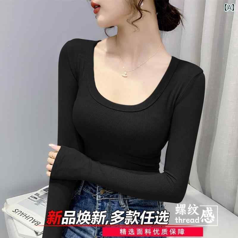 Tシャツ レディース 秋冬 ブラック 黒 Круглый вырез 長袖 スリムフィット リブ 無地 トップス インナー ポリエステル эфирные масла 通勤