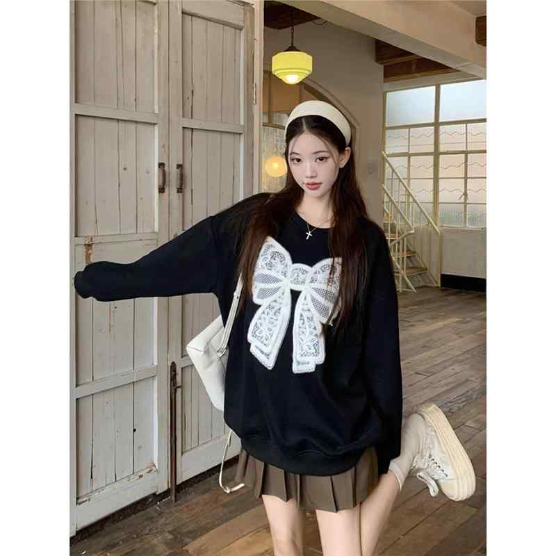 スウェット レディース 秋冬 ゆったり かわいい 蝶結び 刺繍 裏起毛 あったか トップス 私服名媛風 ブラック