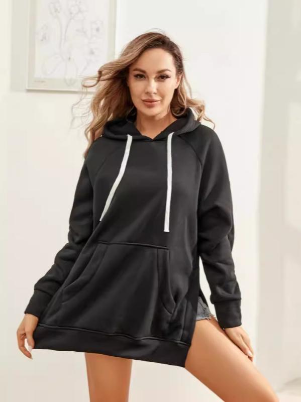 パーカー レディース 秋冬 無地 フーディー 長袖 プルオーバー スウェット トップス チュニック丈 连帽 ポケット付き カジュアル 普段使い 部屋着 かわいい মিষ্টি ফ্যাশন