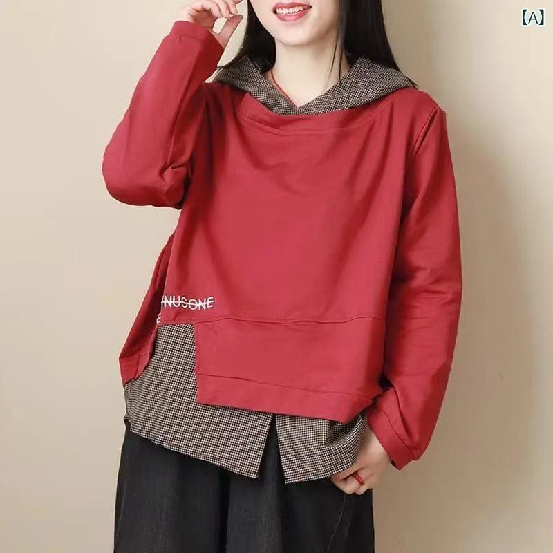 乐天商城 - パーカー レディース 大きいサイズ 切り替え チェック柄 刺繍 長袖 カジュアル ゆったり トップス 秋冬 赤 黒 コーヒー 綿