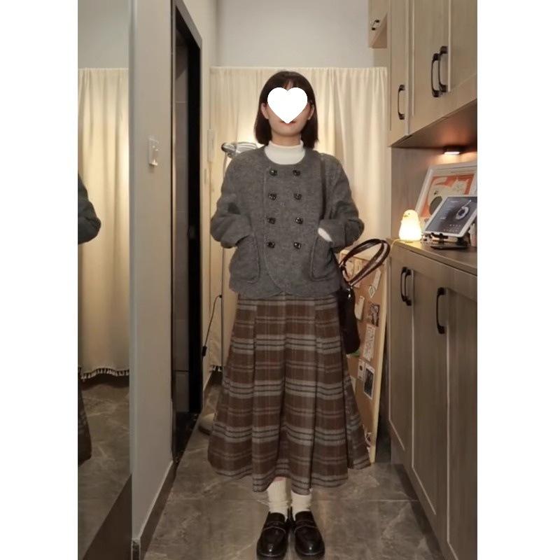 スカート レディース 秋冬 膝丈 Aライン チェック柄 厚手 シェニール織 あったか レトロ コーヒー色 かわいい