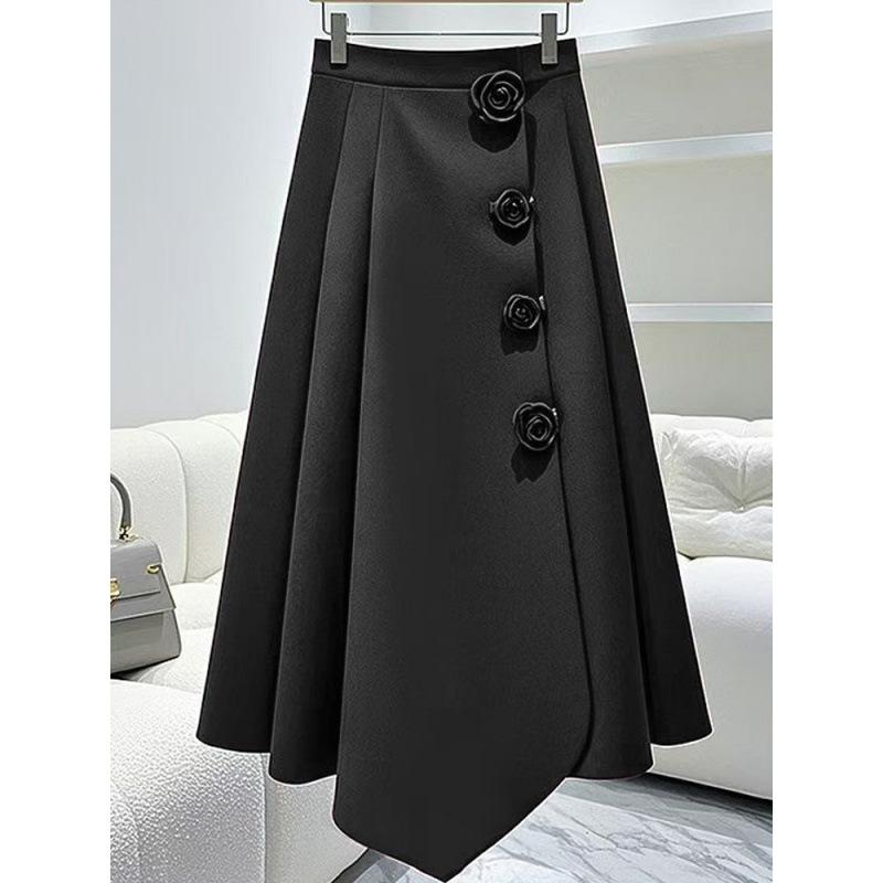 スカート レディース Aラインスカート ひざ丈 ミモレ丈 フレアスカート 黒 バラ柄 プリント ポリエステル ゆったり 大きいサイズ 体型カバー 着痩せ 通勤 オフィス フォーマル 秋冬
