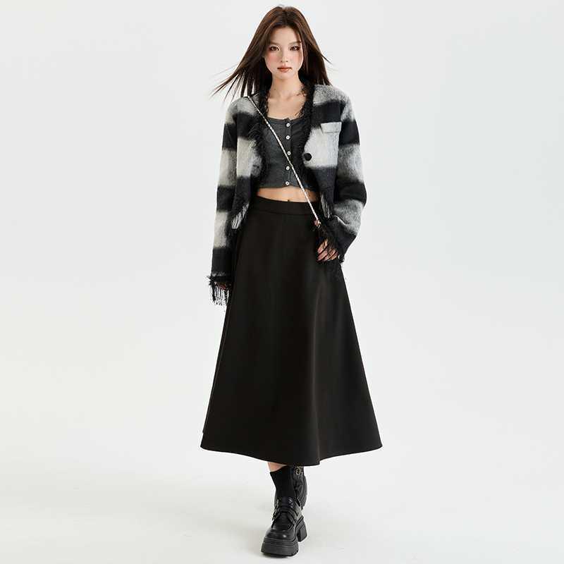 スカート レディース 秋冬 ファッション 高腰 Aライン プリーツスカート ミディアム丈 膝丈 無地 ブラック 黒 綿 伸縮性 通勤 オフィス きれいめ