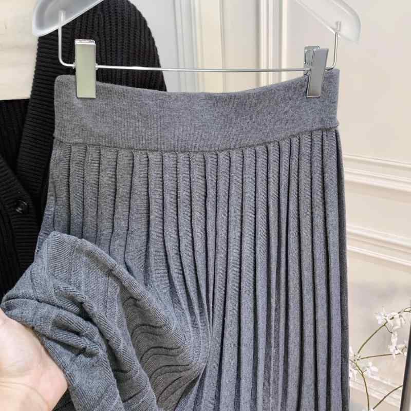 スカート レディース 百褶スカート 膝丈 フレア ニット 伸縮性 灰色 秋冬 かわいい ガーリー