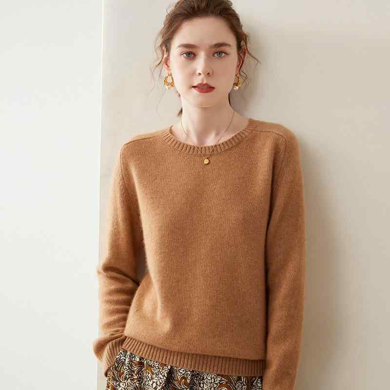 ニット レディース 秋冬 大判サイズ カシミヤ100% セーター トップス プルオーバー 厚手 無地 ゆったり 長袖 ラウンドネック 金キャメル 桜色 ベージュ ワインレッド グレー ブラック