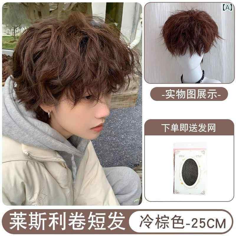 メンズウィッグ 男性用 ウールパーマ ショートヘア 錫ホイルパーマ風 自然なボリューム感 耐熱ファイバー 冷棕色