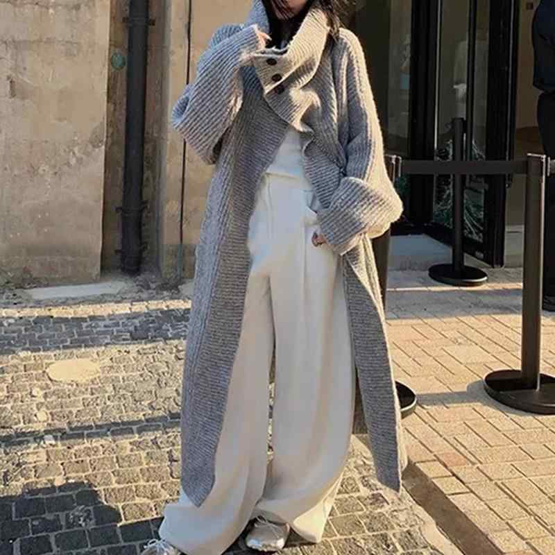 ニットカーディガン レディース 秋冬 ニットカーディガン ゆったり ミディアム丈 ニット アウター 羽織り 長袖 襟付き ポリエステル混紡 粘胶纤维混紡 無地 ドロップショルダー リブ袖口 フロントボタン カジュアル 通勤 オフィス