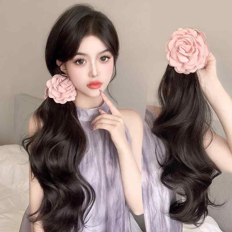 ヘアピース レディース ローズ バラ 薔薇 ヘアクリップ ポニーテール カール ロング 高温耐熱 巻き髪 黒 茶 栗毛 ふんわり 自然 増毛 ボリュームアップ