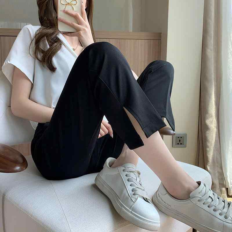 パンツ レディース 高腰 スラックス 直筒パンツ ポリエステル 9分丈 黒 杏色 カジュアル ゆったり 伸縮性