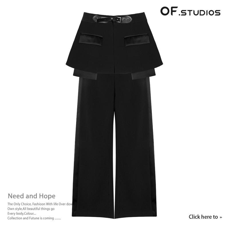 パンツ レディース レザーベルト付き ショート丈スカート ＋ ワイドレッグパンツ 2点セット ポリエステル ブラック ストリートファッション 普段使い