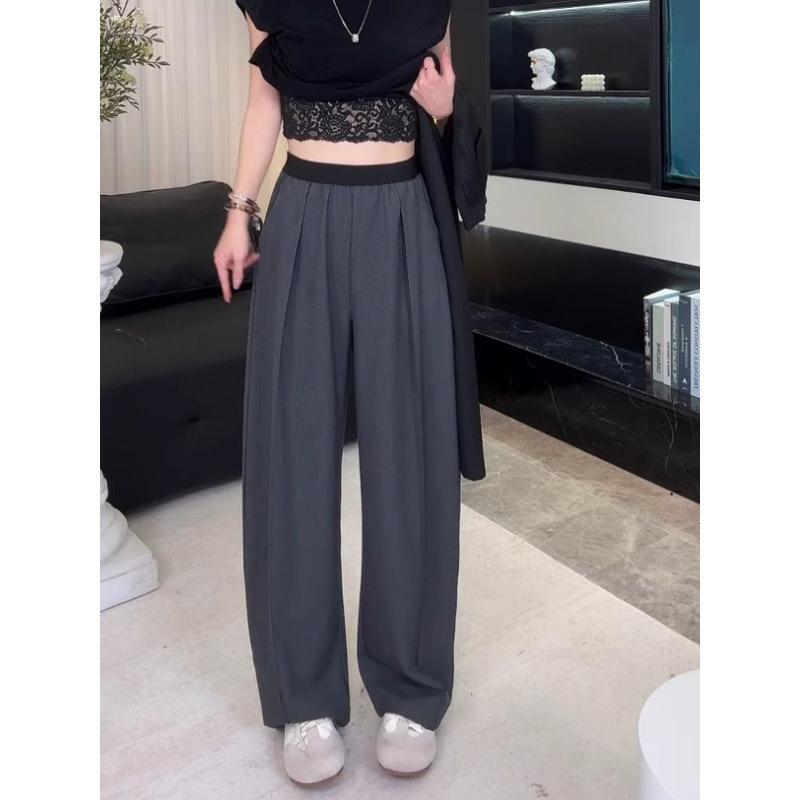 パンツ レディース 春夏 高腰 灰色 ポリエステル 混紡 ゆったり ワイドレッグパンツ カジュアル スラックス リラックス ストレート 無地 シンプル 体型カバー