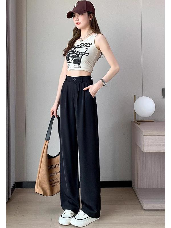 パンツ レディース 韓国風 ワイドレッグパンツ ポリエステル 高腰 ゆったり ストレート ロングパンツ カジュアル 普段使い きれいめ オフィス スラックス 白 黒 ベージュ 春