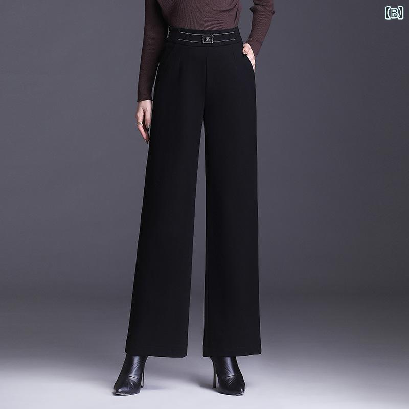 パンツ レディース 秋冬 高腰 ワイドレッグパンツ ズボン ポリエステル ゆったり 伸縮性 通勤 ブラック 黒 3