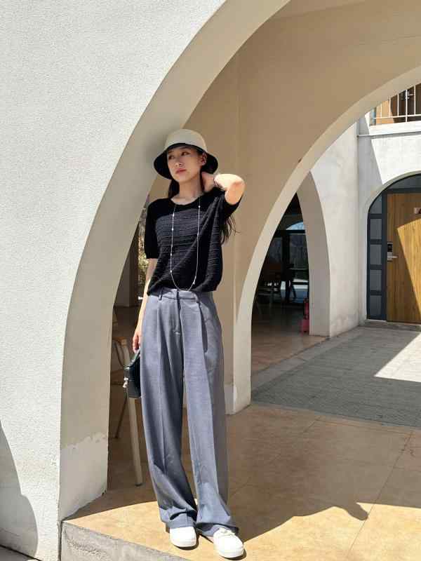 パンツ レディース 高身長 ワイドパンツ ストレート ウール混紡 イージーパンツ スラックス ズボン 美脚 脚長効果 きれいめ オフィスカジュアル フォーマル グレー 黒 ブラック 春夏