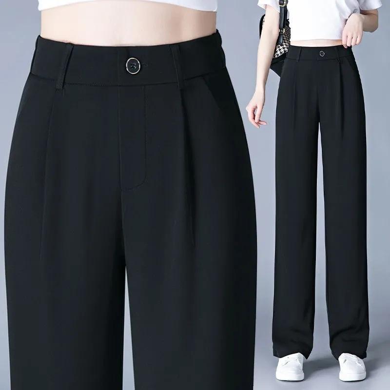 パンツ レディース 春夏 高見え スラックス ストレート 薄手 ウエストゴム ゆったり 落ち感 きれいめ オフィス カジュアル 韓国風 ブラック