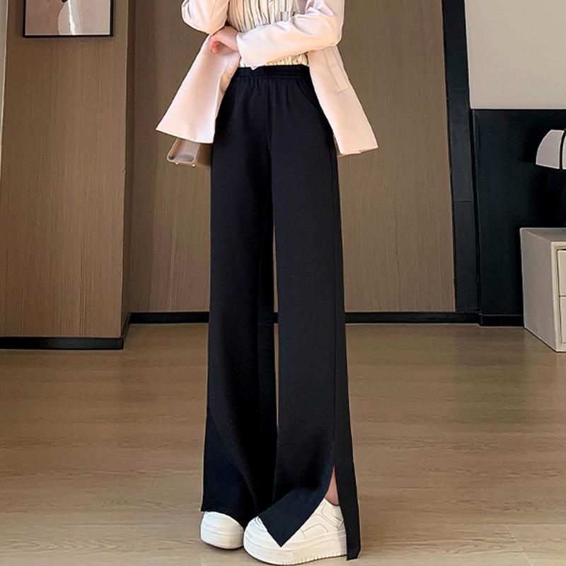 パンツ レディース 大きいサイズ スリット入り ワイドレッグパンツ ハイウエスト スタイルアップ 春秋 夏 薄手 ストレートパンツ 通勤