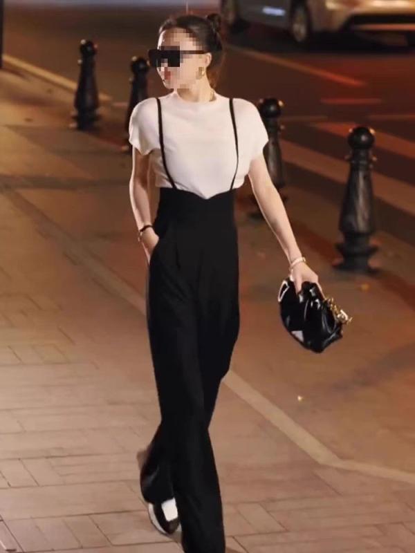 サロペット レディース 高身長&小柄 高見え スラックス 黒 ワイドレッグパンツ ゆったり ストレートパンツ 春夏 普段使い お洒落 オフィスカジュアル