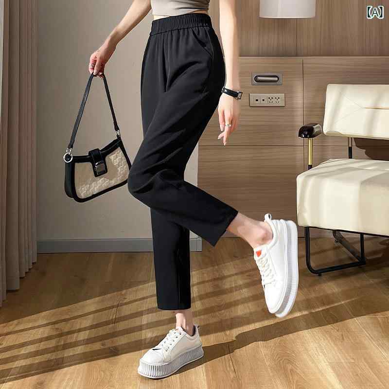 パンツ レディース テーパードパンツ ポリエステル ストレッチ 薄手 高腰 ゆったり 9分丈 8分丈 カジュアル ブラック ホワイト ピンク系 グリーン S M L XL 2XL 3XL 4XL