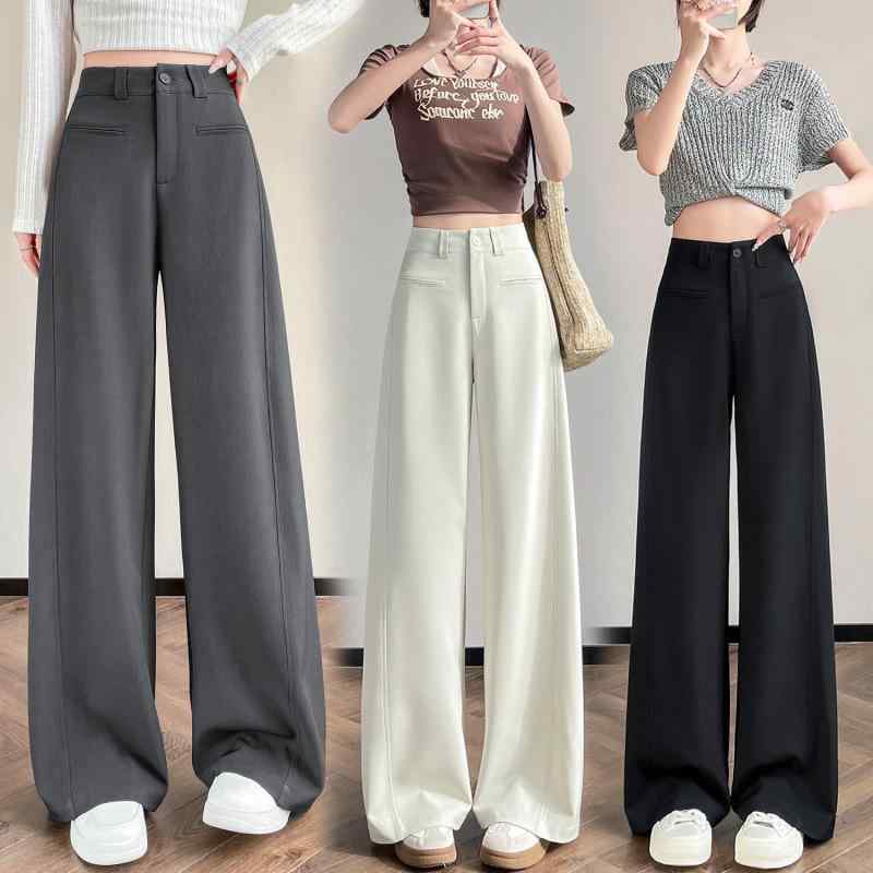 スーツ レディース 高身長 高見え 高級感 無地 高腰 ワイドパンツ ストレート ズボン ボトムス ロング丈 薄手 ゆったり 接触冷感 グレ..