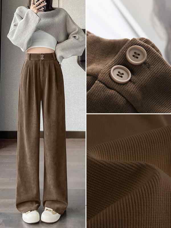 パンツ レディース 春秋 秋冬 高見え ワイドパンツ ストレートパンツ コーデュロイパンツ ゆったり ハイウエスト 黒 グレー きれいめ カジュアル 通勤 オフィス 体型カバー