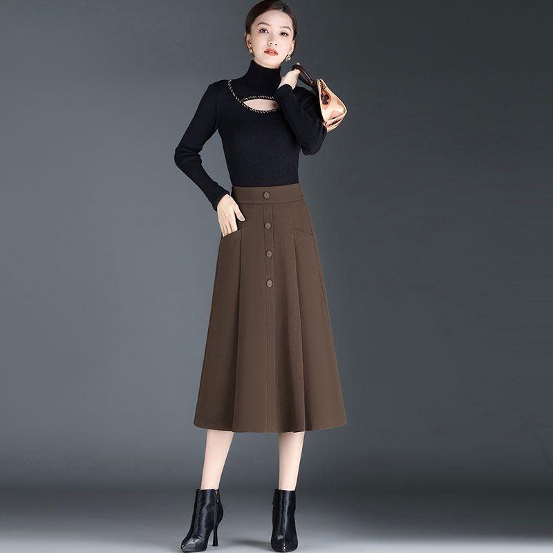 スカート レディース Aラインスカート ひざ丈 ミモレ丈 伸縮性 ポリエステル 無地 コーヒー色 黒 ブラック 大きいサイズ 春秋冬 上品 きれいめ 通勤