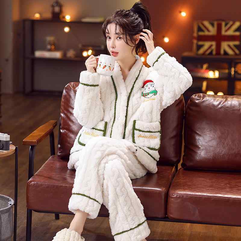 パジャマ レディース フランネル 上下セット Vネック ルームウェア 秋冬 部屋着 厚手 暖かい 快適 polar fleece ポリエステル レッド パープル ブルー クリスマス サンタクロース