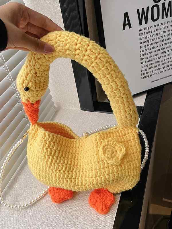 ニット 手編み ハンドバッグ レディース 春夏 かわいい 白鳥モチーフ トートバッグ イエロー ホワイト 普段使い