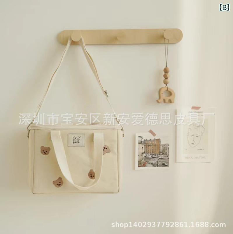 保温バッグ レディース かわいい クマ 刺繍 キャンバス トートバッグ ショルダーバッグ 斜めがけ ブラック アイボリー 収納バッグ(x3) 2