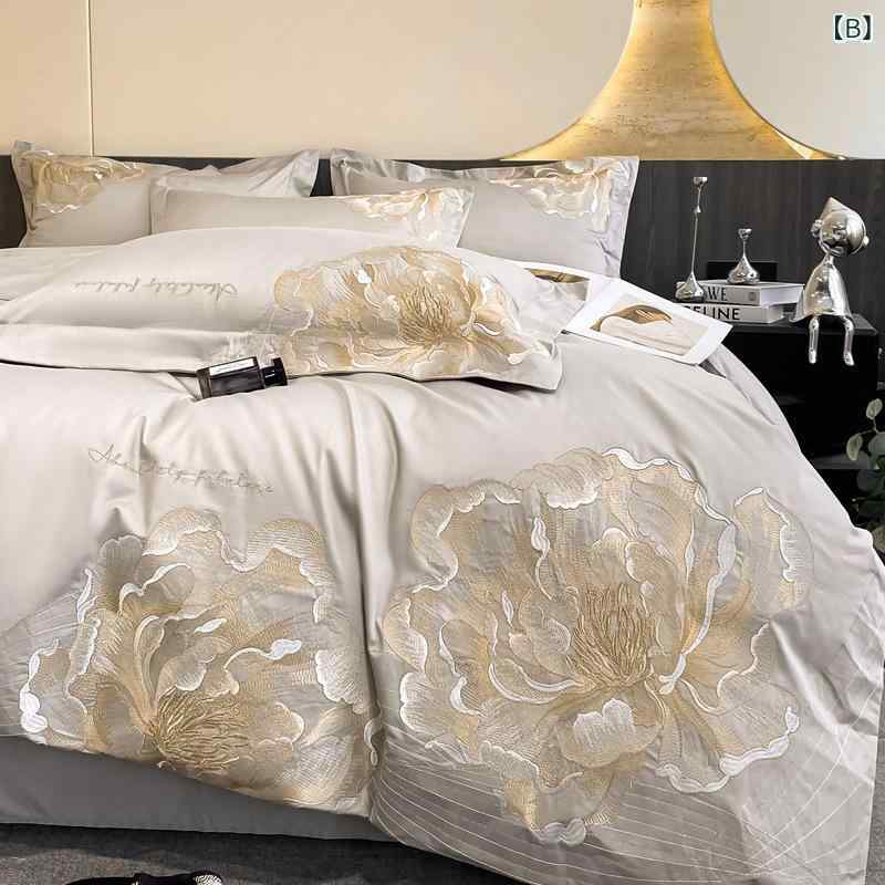 寝具 高級感 全綿 刺繍 四点セット 新疆 長絨綿 ベッドシーツ 掛け布団カバー 純綿 ベッド用品 セット HJC花韵梦织 植物花卉柄 田園風