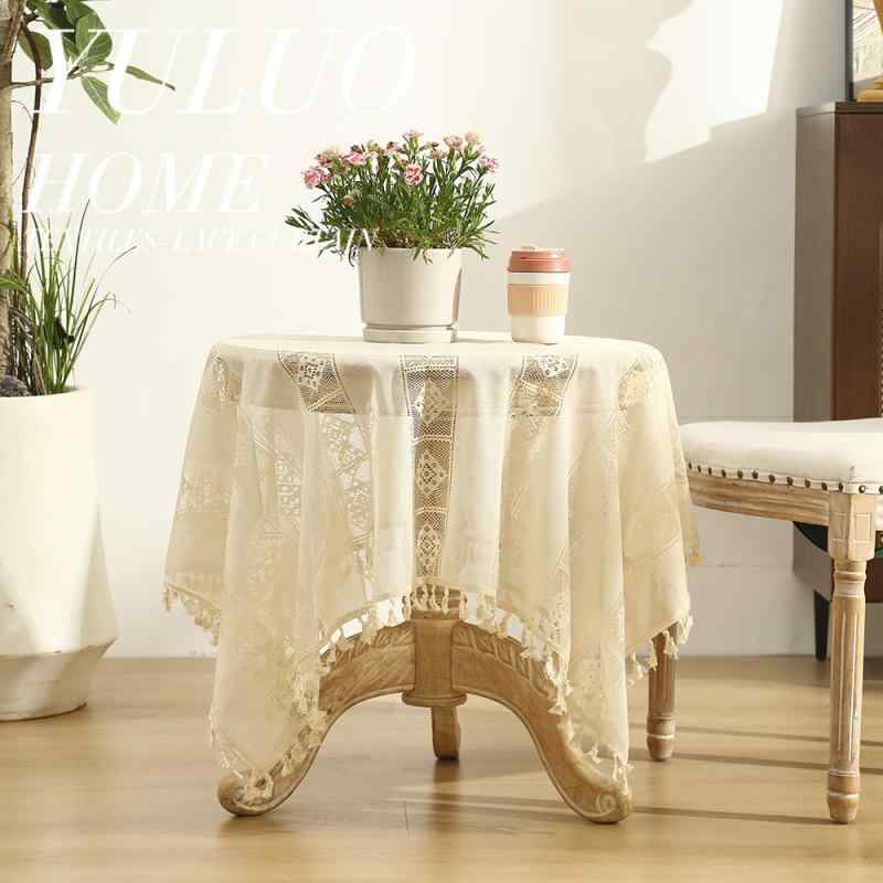 テーブルクロス レース テーブルマット 幾何学模様 ポリエステル製 アイボリー色 フリンジ付き 結婚式 パーティー イベント