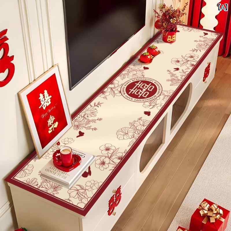 テーブルクロス テーブルマット 新中式 喜字模様 赤色 長方形 防水 傷防止 食卓 テレビ台 玄関 寝室