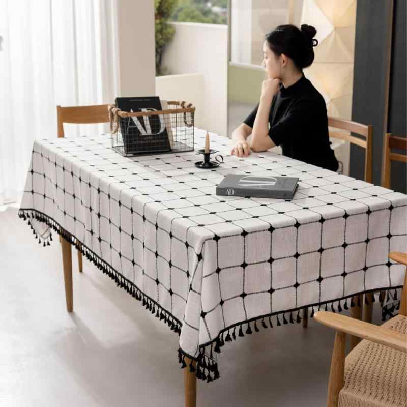 テーブルクロス 長方形 コットン リネン 格子柄 フリンジ 裾 防塵 キズ防止 汚れ防止 白 黒 オレンジ 灰色 ピンク系 緑色 コーヒー色 90 100 140