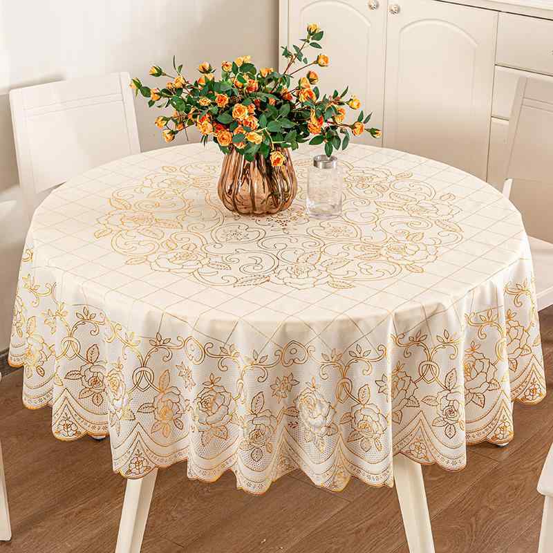 テーブルクロス 円形 PVC製 直径90cm 130cm 150cm 180cm 210cm ゴールド シルバー ホワイト 防滑 耐摩耗 防塵 耐熱 防油 美化 現代シンプル