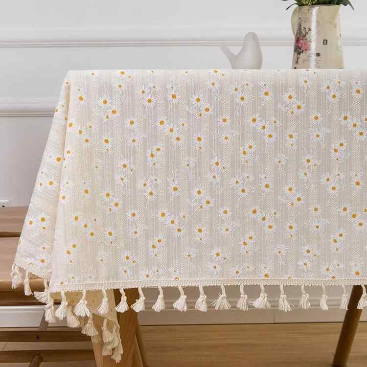 テーブルクロス 綿麻 小花柄 デイジー柄 アイボリー色 長方形 北欧風 おしゃれ インテリア テーブルマ..