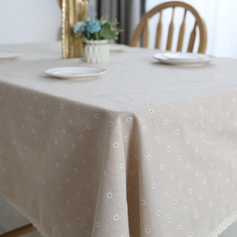 テーブルクロス レディース 綿麻 雛菊 花柄 田園風 長方形 防塵 美化 60 90 100 140 cm 白花 咖花