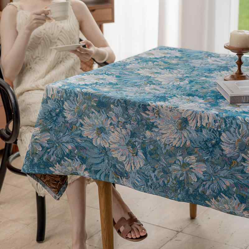 テーブルクロス 長方形 綿麻風 美式 レトロ 油絵風 花柄 耐摩耗 防塵 撥水 モネ 庭園 ブルー系 グレー系