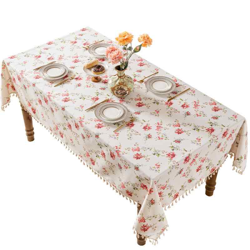 テーブルクロス 花柄 フリンジ付き 撥水 汚れ防止 長方形 ポリエステル綿 家庭用 レストラン用
