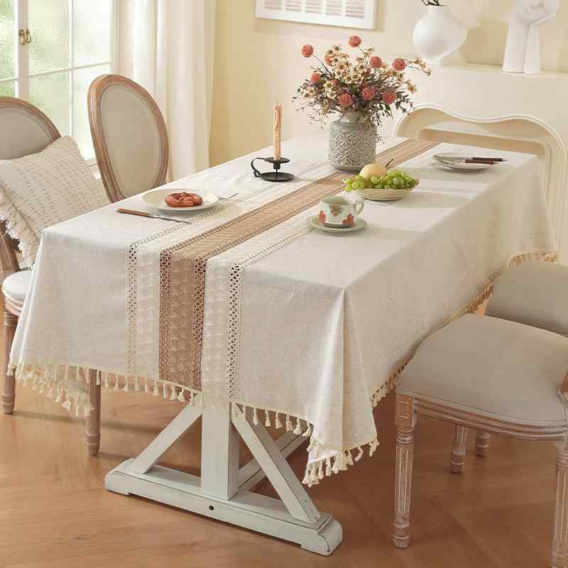テーブルクロス 北欧風 無地 切り替え レース タッセル付き 撥水 防塵 汚れ防止 長方形 ポリエステル製 ダイニングテーブル デスク コーヒーテーブル カバー 黄色 緑 デニムブルー グレー オレンジ 黒 ピンク系