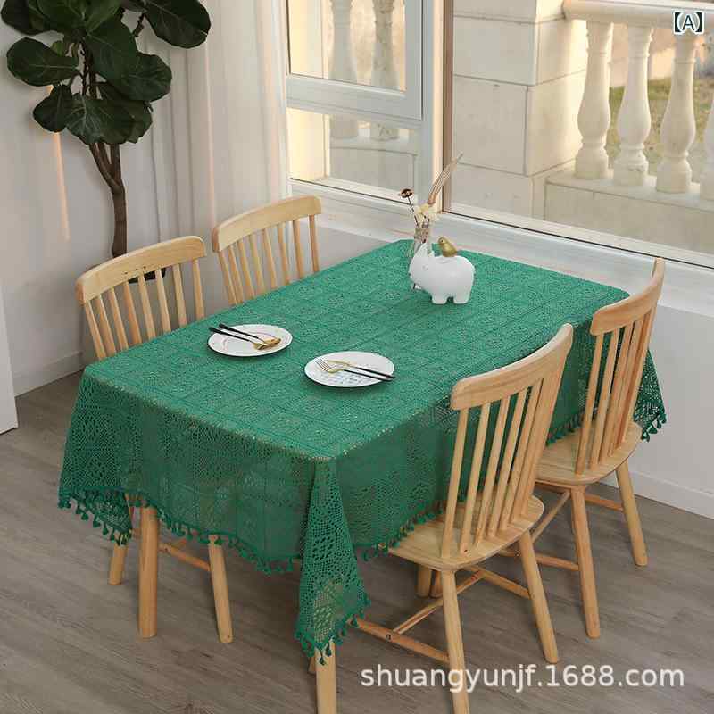 テーブルクロス 長方形 純綿 コットン レース フリンジ 黒 緑 アメリカン カントリー 田園風 防塵 美化 装飾