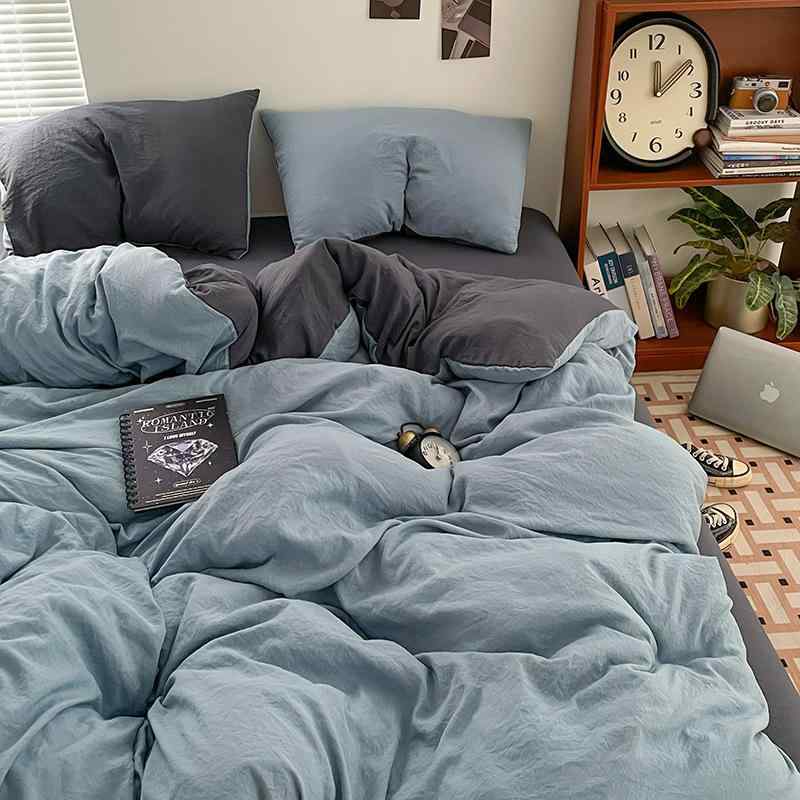 寝具 日式 水洗綿 布団カバー シーツ 3点セット 4点セット 無地 桃之夭夭 霜雪蔚藍 1.5m 1.8m 2m