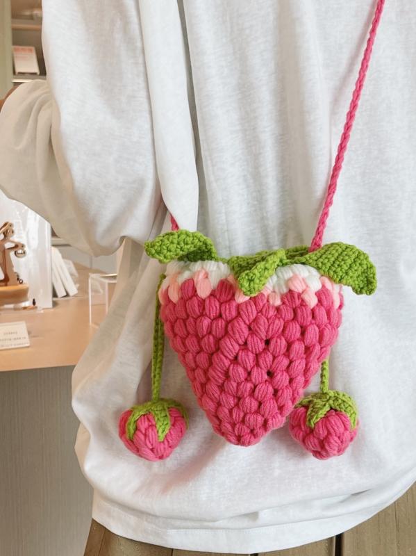 かごバッグ レディース 手編み 斜めがけ ストロベリー かわいい ピンク系 ミニポシェット