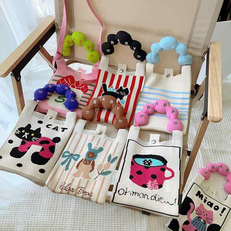 ニットバッグ レディース ショルダーバッグ スマホポーチ キッズ 子供 携帯電話 小銭入れ 鍵 かわいい 花柄 格子柄 菱格 チェック柄 ポリエステル ピンク系 ブルー