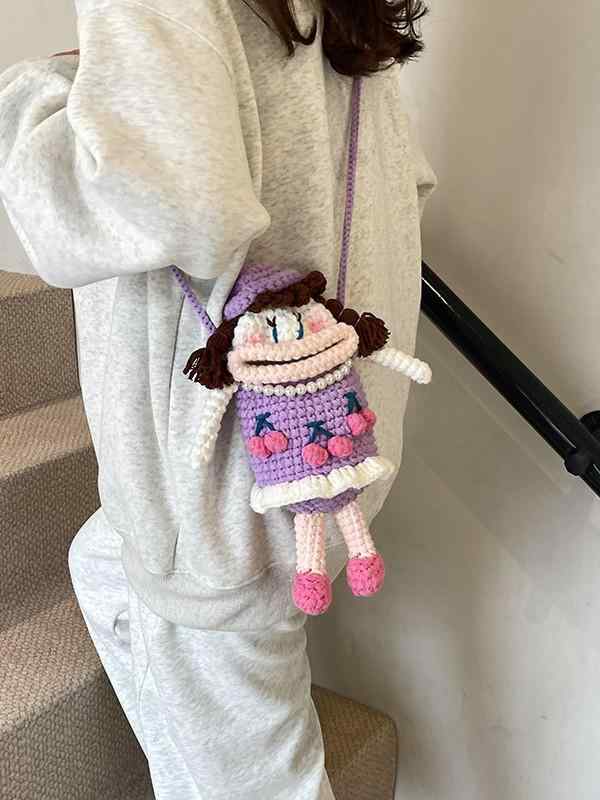 スマホポシェット キッズ 子供用 斜めがけ バッグ 手編み コットン 毛糸 親子 パープル 紫 花柄 かわい..