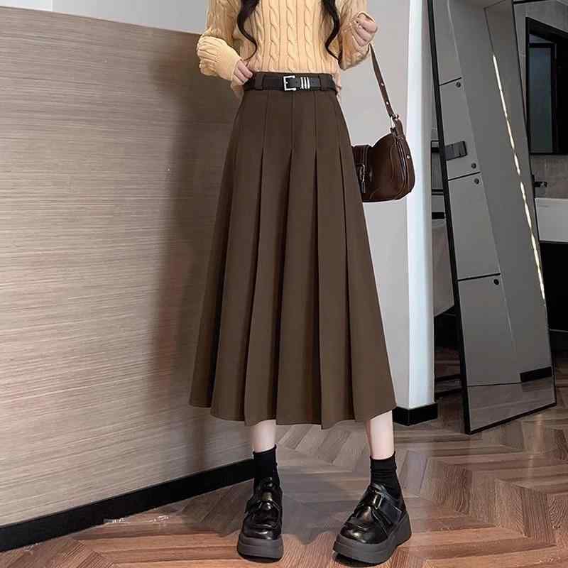 スカート レディース 秋冬 高腰 Aライン プリーツスカート 膝丈 ミモレ丈 コーヒー色 グレー 黒 無地 ポリエステル 伸縮性 学院風 きれいめ かわいい