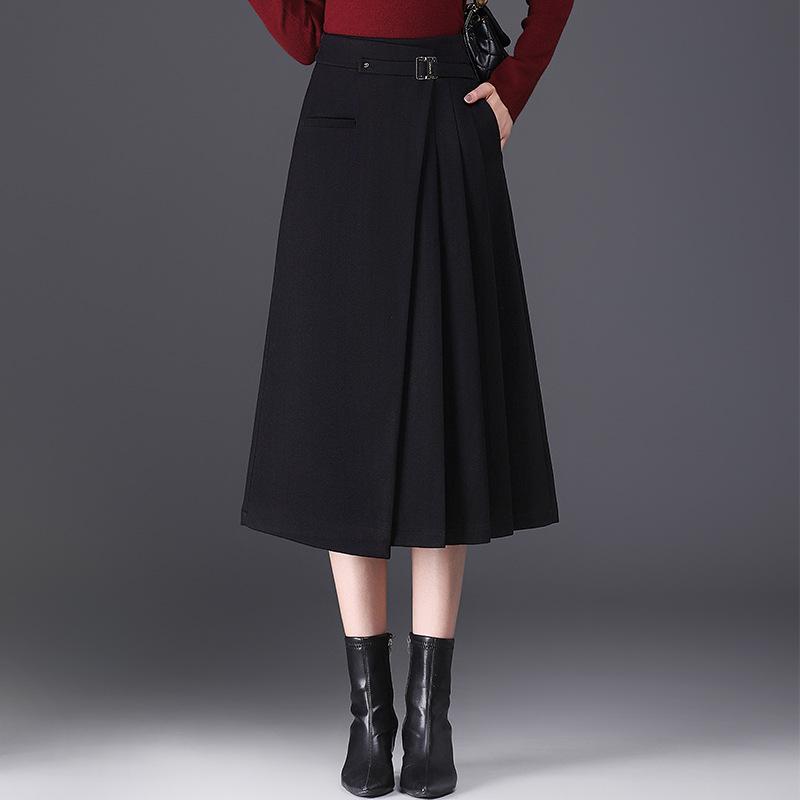 スカート レディース 秋冬 高腰 Aラインスカート ひざ丈スカート フレアスカート 厚手 無地 ポリエステル 金属飾り ブラック コーヒー色 体型カバー 通勤 オフィス