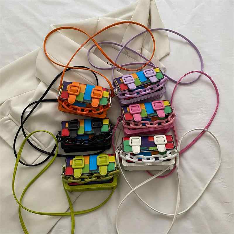 バッグ キッズ ミニ ショルダーバッグ 虹色 撞色 PU レザー ポシェット 子供用 女の子 斜めがけ かわい..