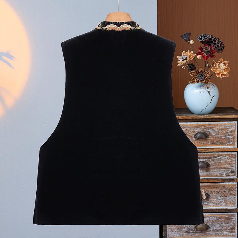 ベスト レディース チャイナ風 刺繍入り 金糸ベロア 中綿入り あったか レトロ エスニック トップス アウター ブラック ポリエステル